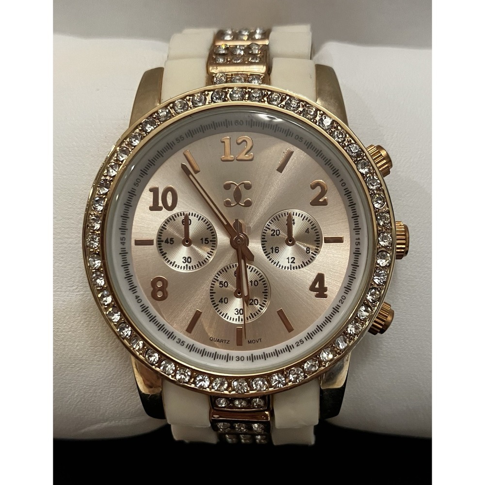 Charming Charlie Womens Rhinestone Rose Gold White Acrylic Band Watch Works